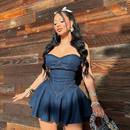 Summer Sheath A Line Sexy Tube Top Imitation Denim Dress Women