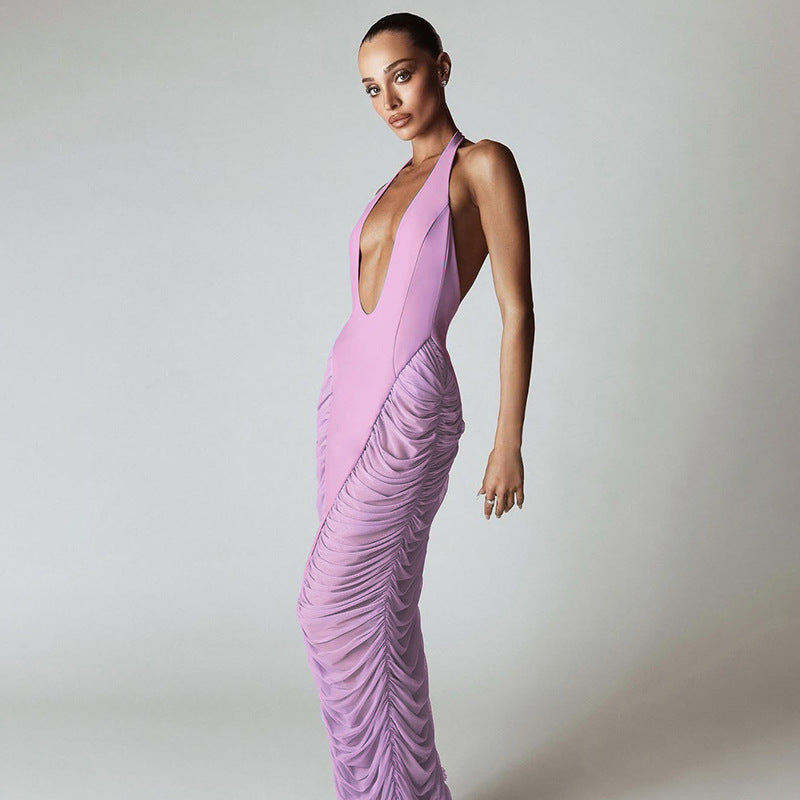 Summer Women Clothing Sexy Deep V Plunge neck Halter Stitching Mesh High Waist Dress