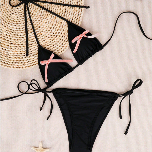 Women Sexy Backless Solid Color Bikini Lace up Three Point Bikini Split Swimsuit