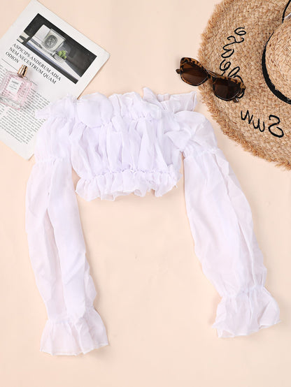 White Chiffon Long-Sleeved Shirt Wrinkle Blouse Beach Swimsuit Women