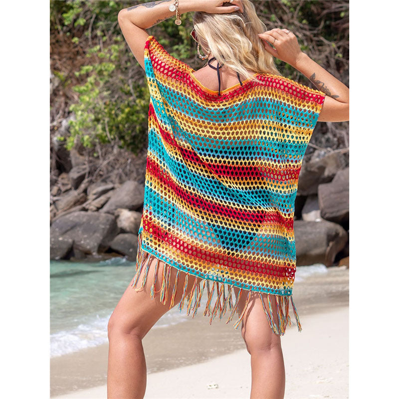 Knitted Color Stripes Tassel Beach Cover-up Sexy Hollow Out Cutout Seaside Sun Protection Clothing Beach Cover Up Crochet