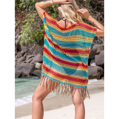 Knitted Color Stripes Tassel Beach Cover-up Sexy Hollow Out Cutout Seaside Sun Protection Clothing Beach Cover Up Crochet
