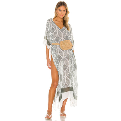 Sun Protective Clothing Women Square Geometry Printed V Neck Pullover Beach Cover Up Swimsuit Outwear Women