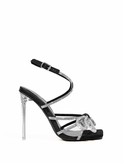 Summer High Heel Sandals Women Square Toe Rhinestone Bow Heels 11cm Stiletto Heel Women