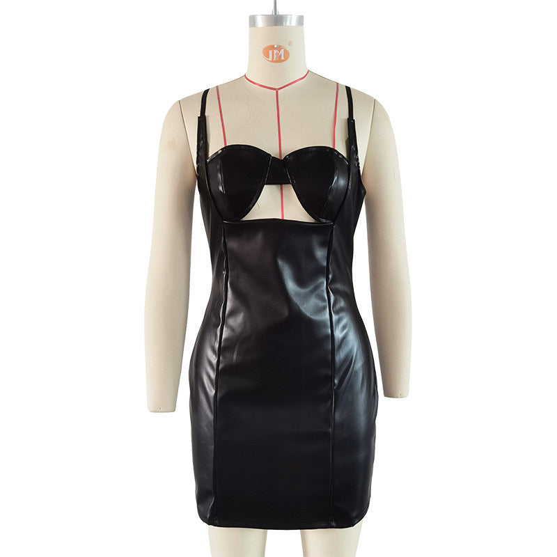 Sexy Hollow Out Cutout out Camisole Tight Waist Hip Wrapped Dress Women Faux Leather