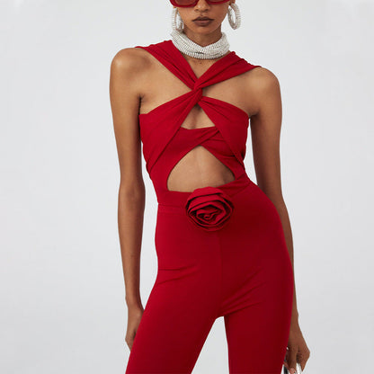 Sexy Hollow Out Cutout One Piece Swimsuit Women Red Rose Set