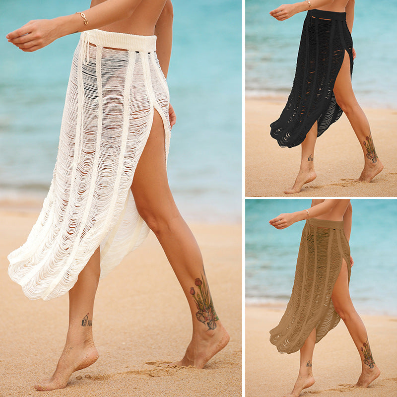 Sunscreen Sexy See through Split Beach Seaside Vacation Lace up Knitted Skirt Crochet hook