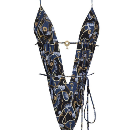 Sexy Deep V Plunge One Piece Swimsuit Women Summer Sexy Printed Lace up Backless Swimsuit