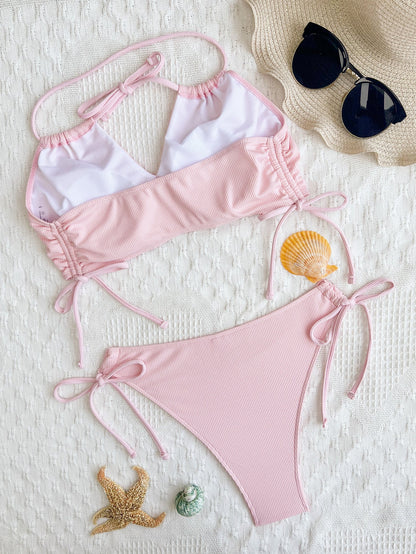 Women Bikini Double Bikini Open Back Swimsuit Sexy Swimsuit Women Tied Swimsuit Solid Color Bikini