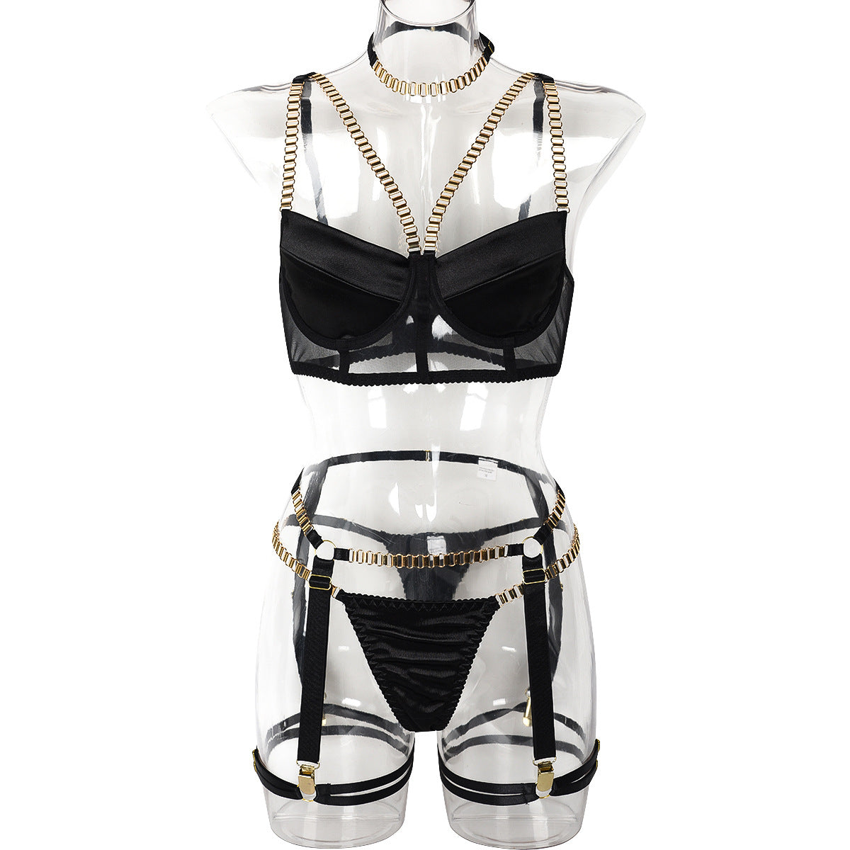 Women Clothing Thick Chain Heavy Industry Metal Stitching Four Piece Set Sexy Underwear