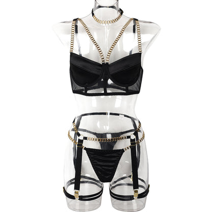 Women Clothing Thick Chain Heavy Industry Metal Stitching Four Piece Set Sexy Underwear