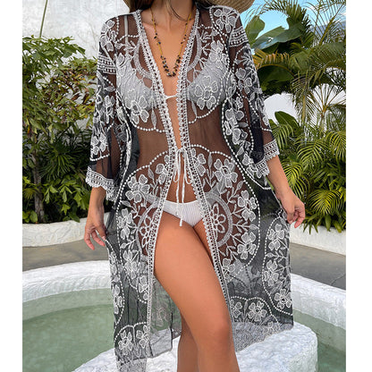 Water Soluble Lace Sun Protection Shirt Embroidered Hollow Out Cutout Sexy Beach Blouse Bikini Swimsuit Outwear Women