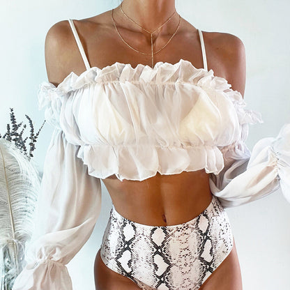 White Chiffon Long-Sleeved Shirt Wrinkle Blouse Beach Swimsuit Women