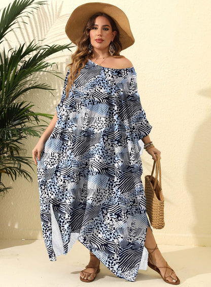 Women Clothes Leopard Print Loose Blouse Beach Vacation Split Mop Long