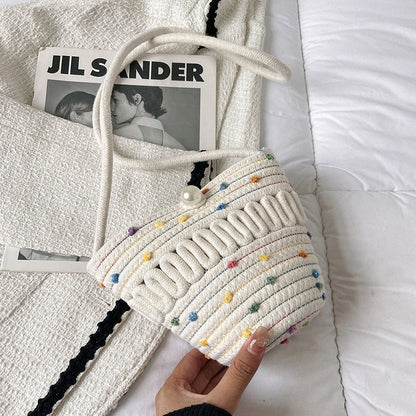 Crossbody Straw Bag Cotton Thread Woven Bag Mobile Phone Change Key Case Hollow Out Cutout Cotton Thread Woven Bag Casual Cute Women