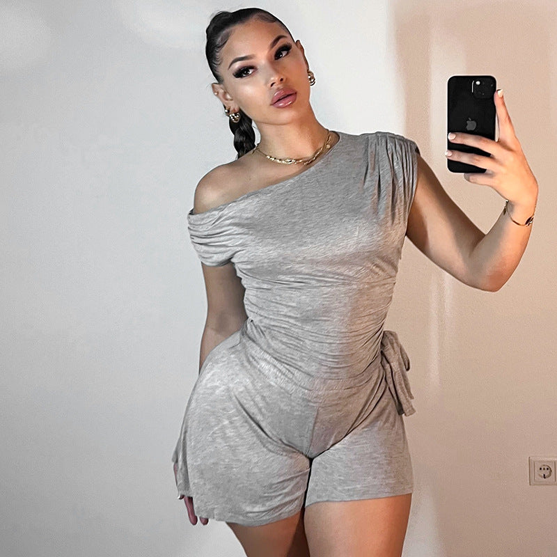 Women Clothing Spring Summer Crossbody off the Shoulder Pleated Bow Waist Tie Romper