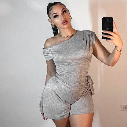 Women Clothing Spring Summer Crossbody off the Shoulder Pleated Bow Waist Tie Romper