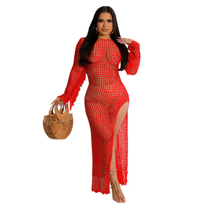 Women Clothing Sexy Solid Color Handmade Knitted Tassel Beach Dress