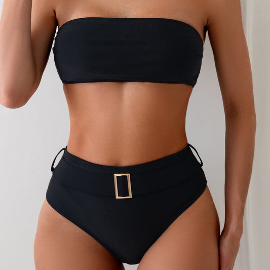 Summer Women Tube Top Swimsuit Strapless High Waist Sexy Swimsuit Suit Solid Color Swimsuit Set