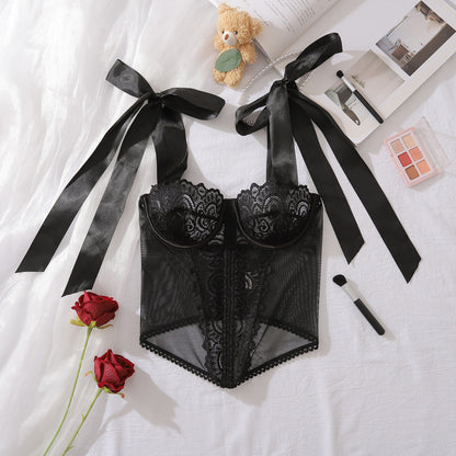 Street Sexy Lace Mesh Boning Corset Corset Pure Want to Wear outside Slim Fit Skinny Square Collar Long Sleeve Low Cut Top