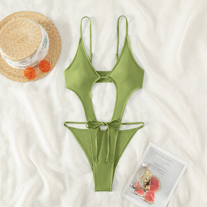 Solid Color One Piece Swimsuit Sexy High Split Women Swimsuit Bikini
