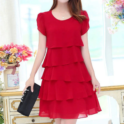 Loose A- line Plus Size Ladies Slimming Short Sleeve Cake Dress