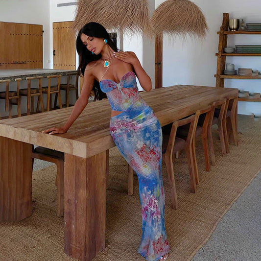 Printed Waist Hollow Out Cutout out Vacation Summer Sexy Tube Top Hip for Women