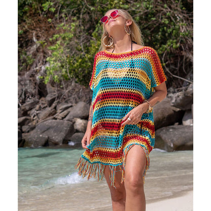 Knitted Color Stripes Tassel Beach Cover-up Sexy Hollow Out Cutout Seaside Sun Protection Clothing Beach Cover Up Crochet