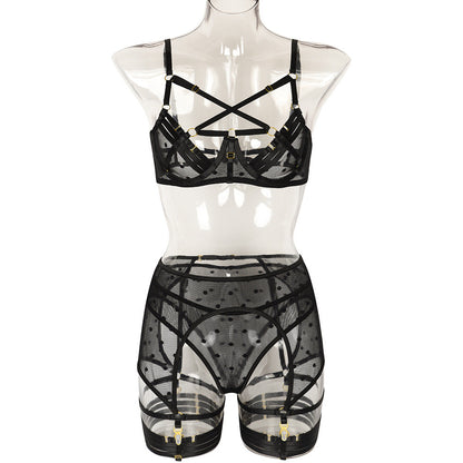 Sexy Three Piece Set Heavy Craft Bra Leg Ring Fashionable Three Piece Underwear