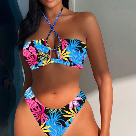 Printed Tube Top Sexy Split Swimsuit Triangle Beach Bikini Swimsuit