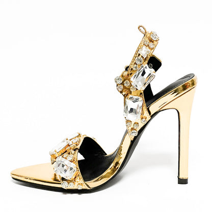 11cm Pointed Gold Rivet Rhinestone Stiletto Heels Summer Sandals Shoes