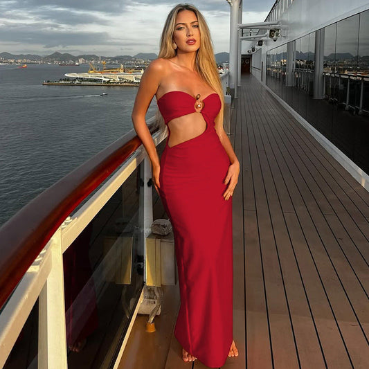 Summer Metal Decoration Stitching Hollow Out Cutout out Dress Sexy Slim Tube Top Dress Women