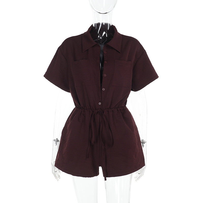 Shirt Collar Solid Color Waist Tight Short Sleeve Romper for Women Casual