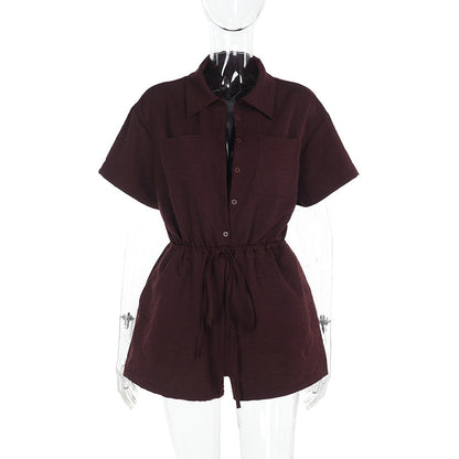 Shirt Collar Solid Color Waist Tight Short Sleeve Romper for Women Casual