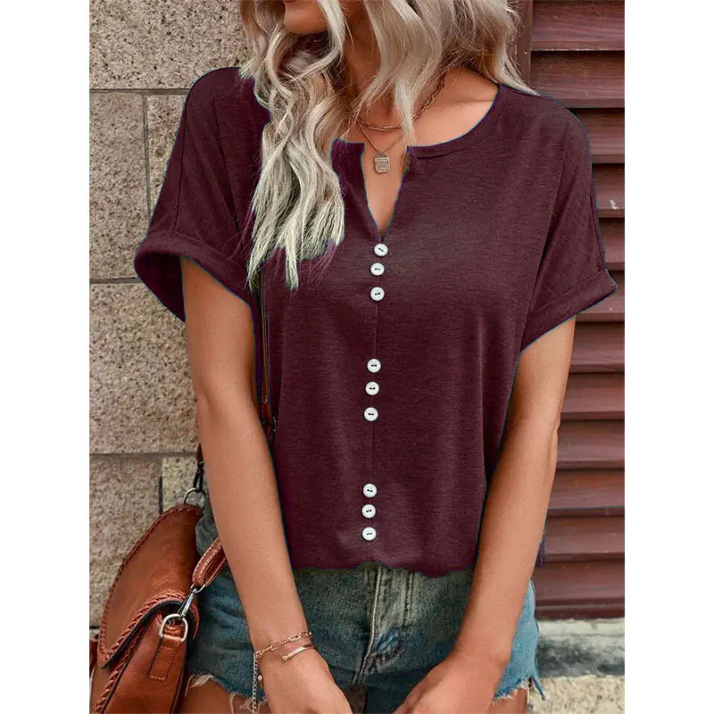 Summer V-neck Short Sleeve Button Design Blouse
