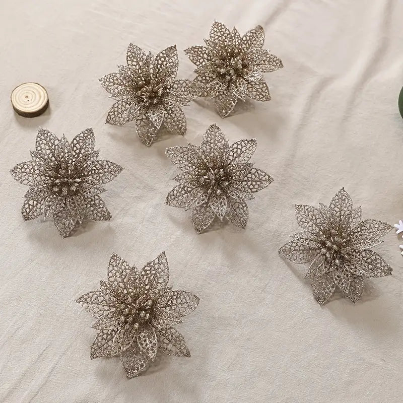 10pcs 4in Glitter Faux Flowers for Christmas Ornaments