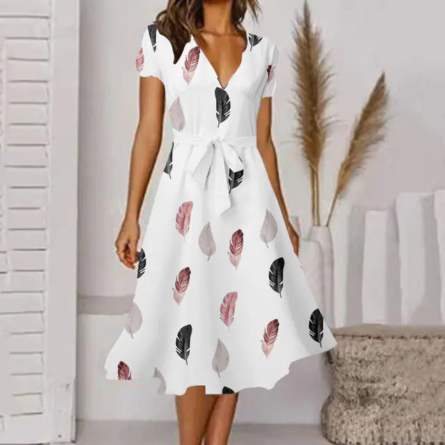 Fashionable Sexy V-Neck A-Line Dress with Belted Waist