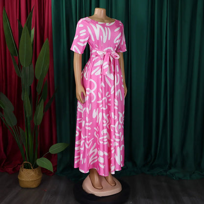 Printed Belted Dress Elegant  Knee-Length Round Neck Short Sleeve Dress