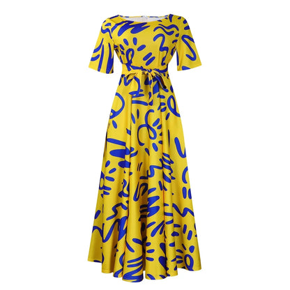 Printed Belted Dress Elegant  Knee-Length Round Neck Short Sleeve Dress