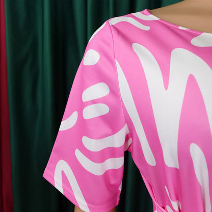 Printed Belted Dress Elegant  Knee-Length Round Neck Short Sleeve Dress