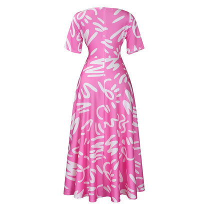 Printed Belted Dress Elegant  Knee-Length Round Neck Short Sleeve Dress