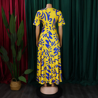 Printed Belted Dress Elegant  Knee-Length Round Neck Short Sleeve Dress