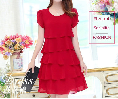Loose A- line Plus Size Ladies Slimming Short Sleeve Cake Dress