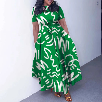 Printed Belted Dress Elegant  Knee-Length Round Neck Short Sleeve Dress