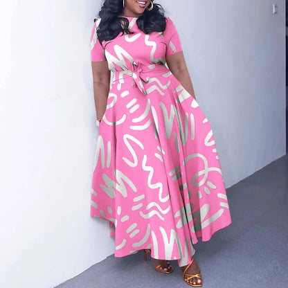 Printed Belted Dress Elegant  Knee-Length Round Neck Short Sleeve Dress