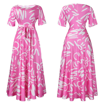 Printed Belted Dress Elegant  Knee-Length Round Neck Short Sleeve Dress