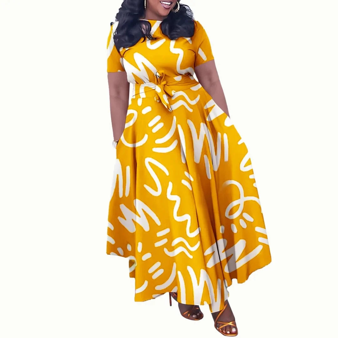 Printed Belted Dress Elegant  Knee-Length Round Neck Short Sleeve Dress