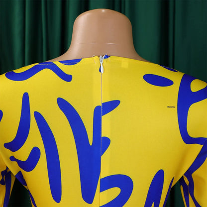 Printed Belted Dress Elegant  Knee-Length Round Neck Short Sleeve Dress