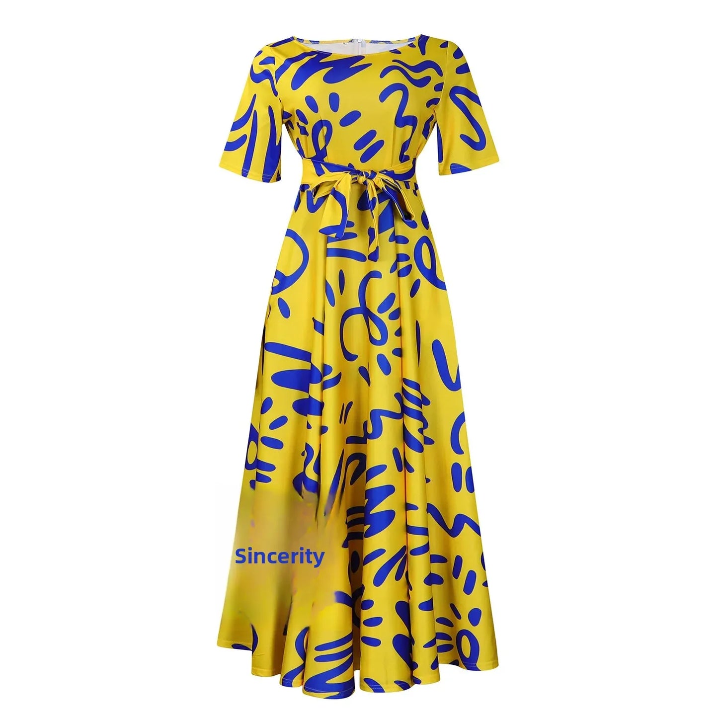 Printed Belted Dress Elegant  Knee-Length Round Neck Short Sleeve Dress