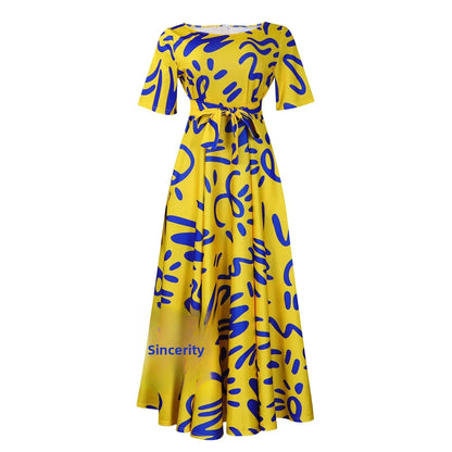 Printed Belted Dress Elegant  Knee-Length Round Neck Short Sleeve Dress
